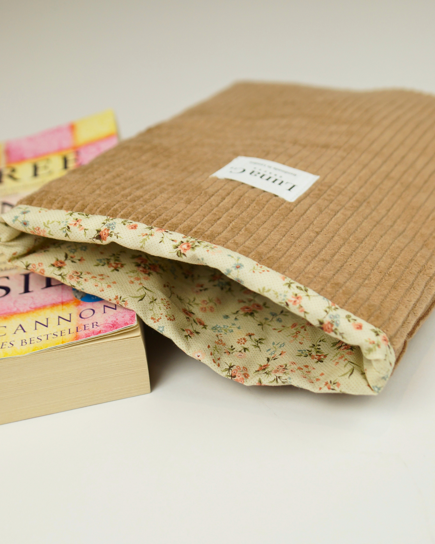 Beige Brown Corduroy Floral Cotton Lining Book Sleeve