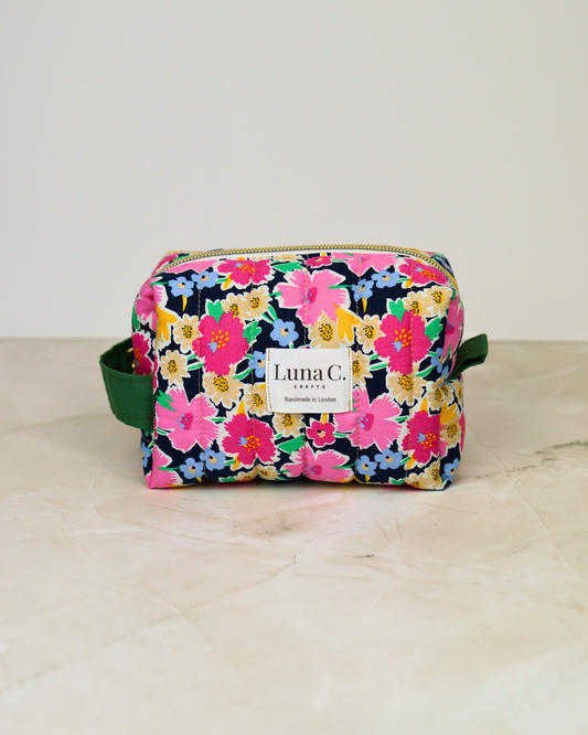 Blossom Pink Floral Quilted Makeup Bag – Small Size