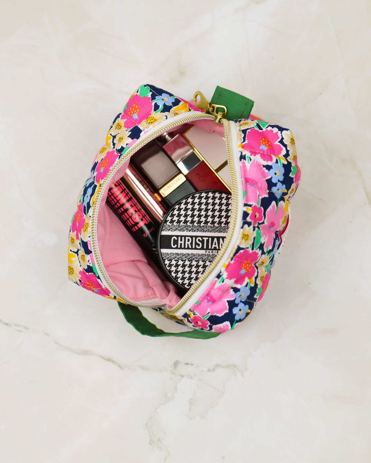 Blossom Pink Floral Quilted Makeup Pouch – Small Size