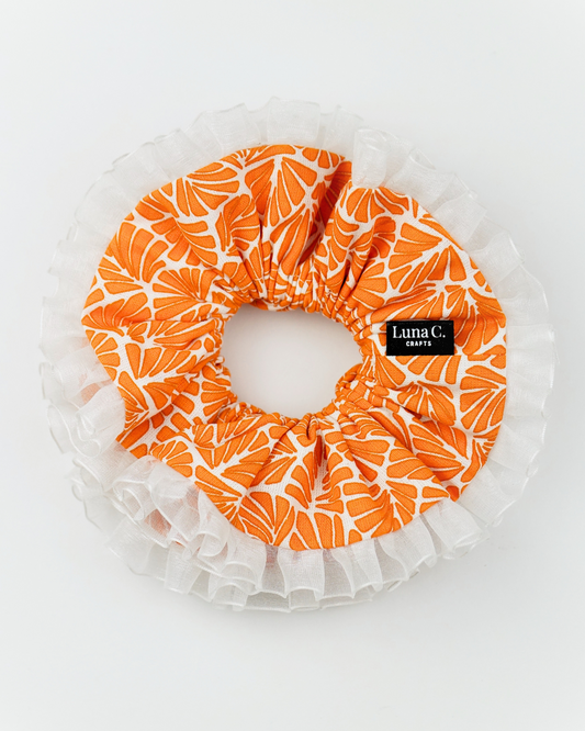 FLOWER by Luna C. Vibrant Orange Fan Motifs Double Layer White Ruffles Scrunchie