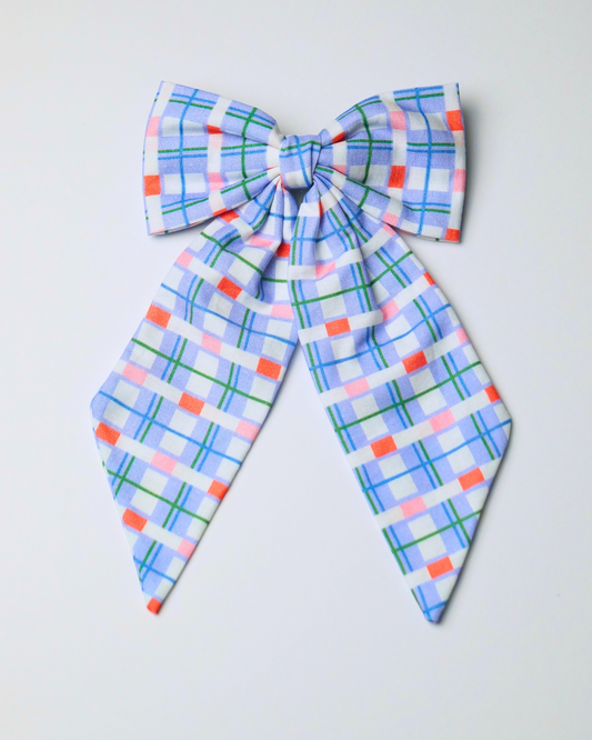 Light Blue with Orange Tile-like Plaid Pattern Swallow’s Tail Hair Bow Clip