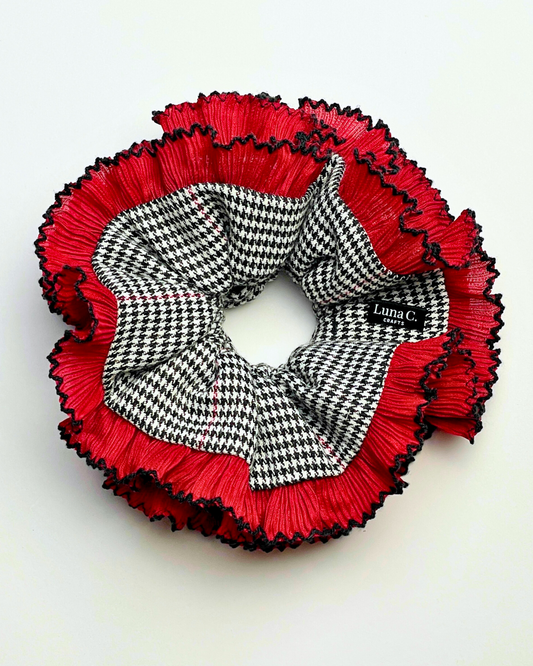 FLOWER by Luna C. Double Layer Ruffles Burgundy Houndstooth Scrunchie