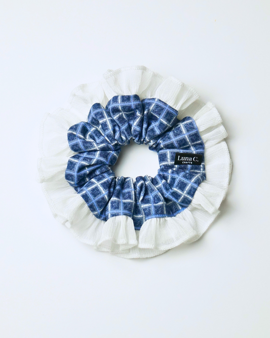 Blue and White Gingham with White Ruffled Scrunchie
