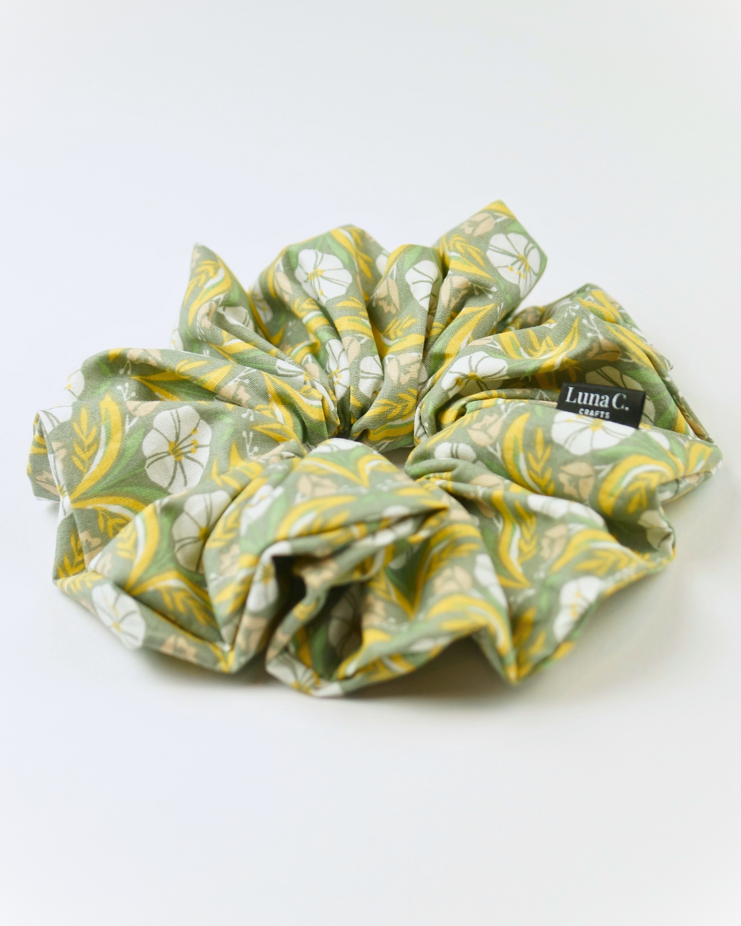Light Green Yellow and White Floral Pattern Retro Style Oversized Scrunchie