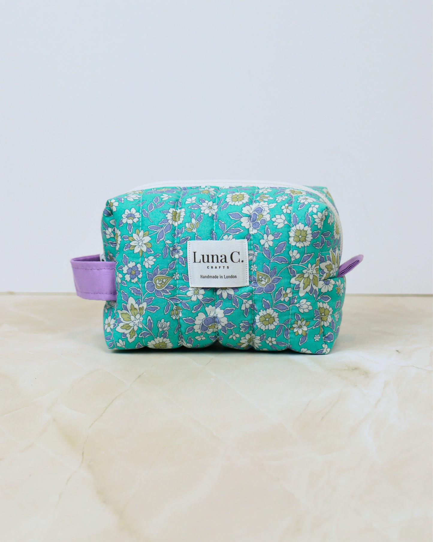 Eucalyptus Blue Floral Quilted Makeup Bag – Small Size