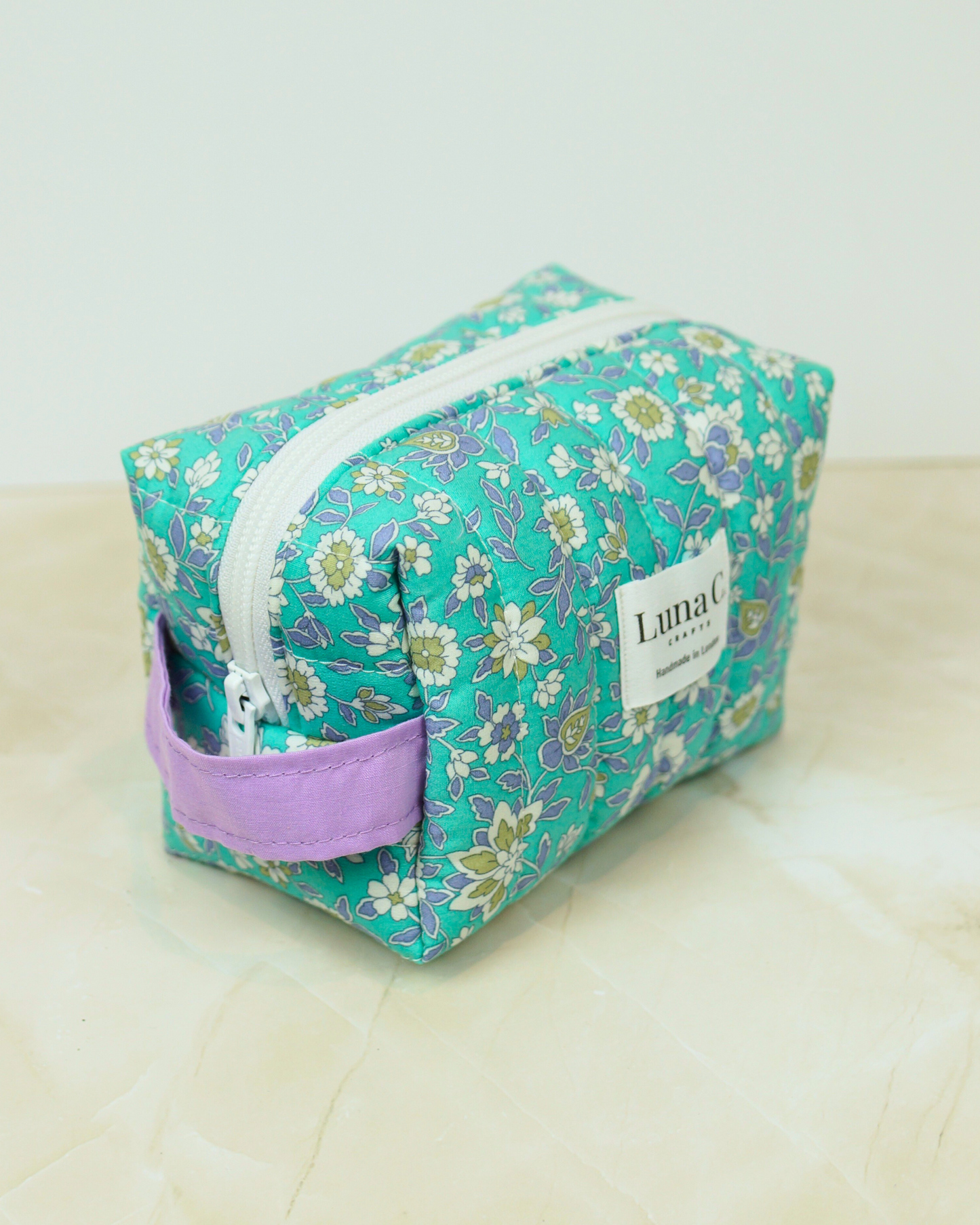 Eucalyptus Blue Floral Quilted Makeup Bag – Small Size