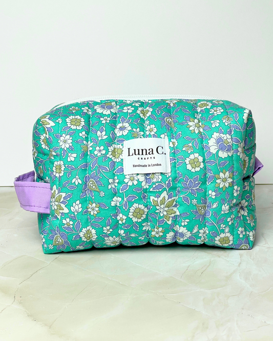 Eucalyptus Blue Floral Quilted Makeup Bag – Large Size