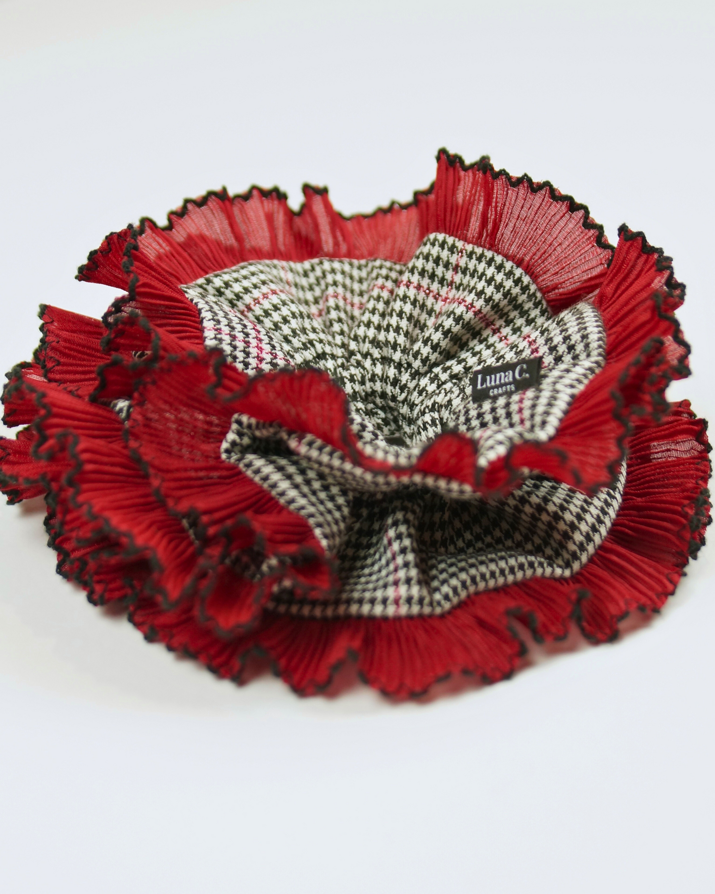 Luna C. Flower Double-Layer Ruffles Burgundy Houndstooth Scrunchie