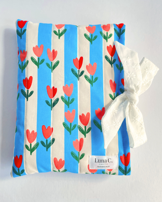Blue Striped Book Sleeve with White Broderie Anglaise Ribbon Tie