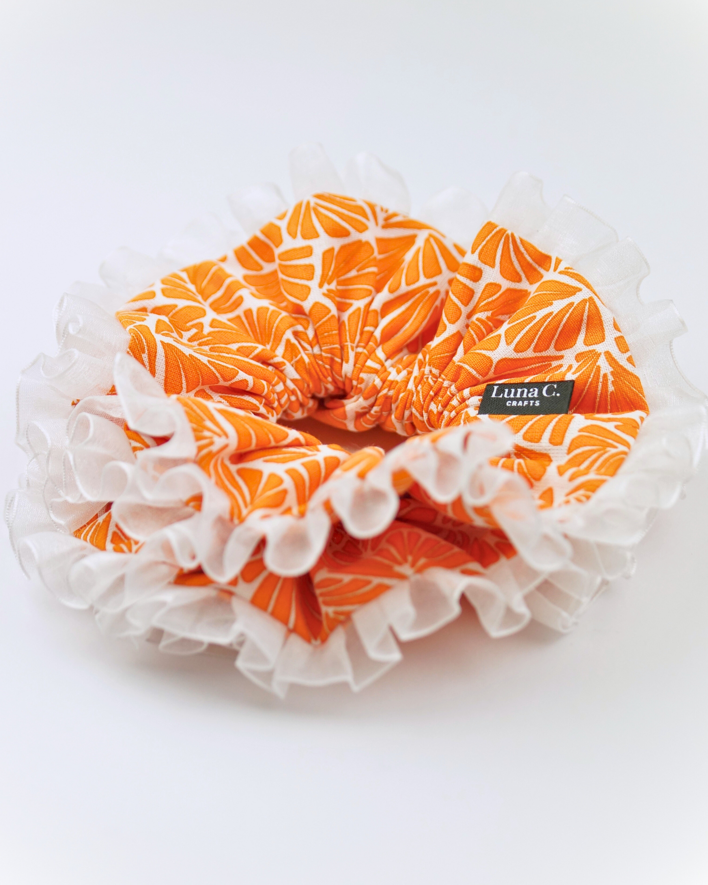 Luna C. FLOWER Double-Layer White Ruffles Vibrant Orange Fan Motifs Scrunchie