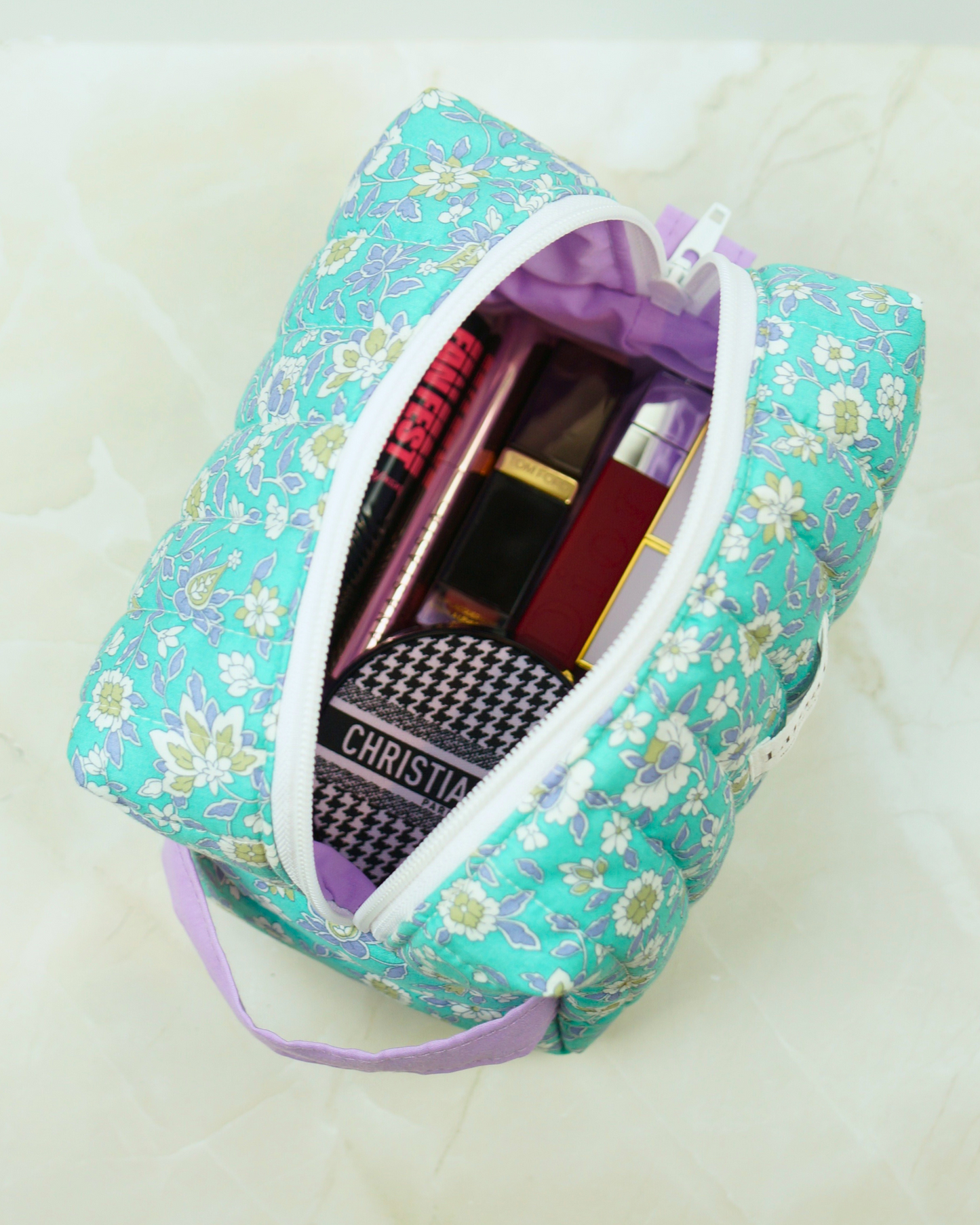 Eucalyptus Blue Floral Quilted Makeup Pouch – Regular Size