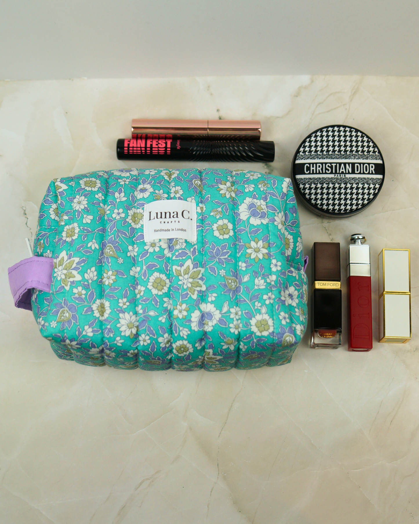Eucalyptus Blue Floral Quilted Makeup Pouch – Regular Size