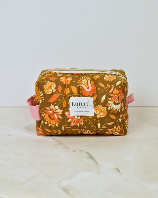 Peach Orange Floral Quilted Makeup Bag - Small Size
