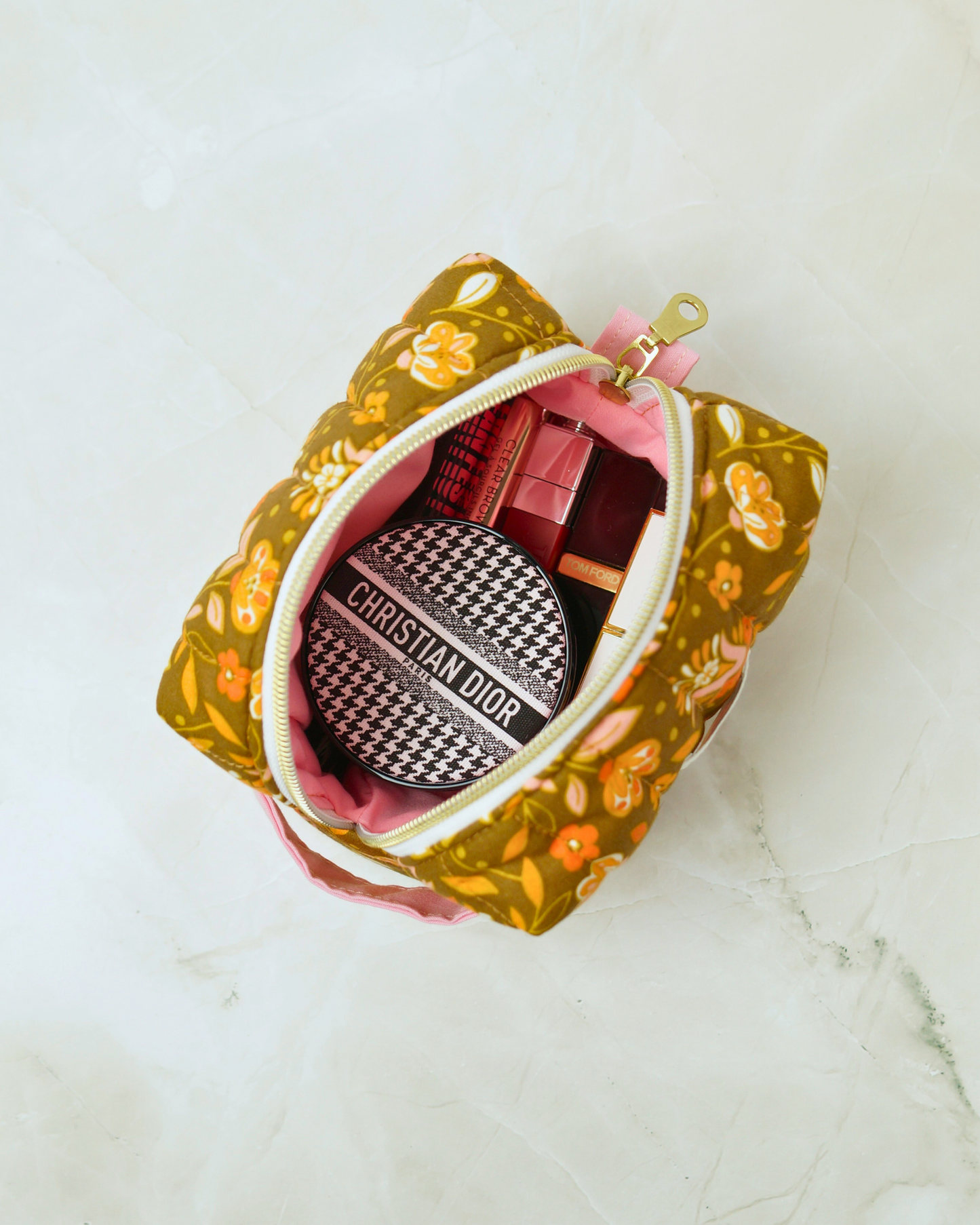 Peach Orange Floral Quilted Makeup Bag - Small Size