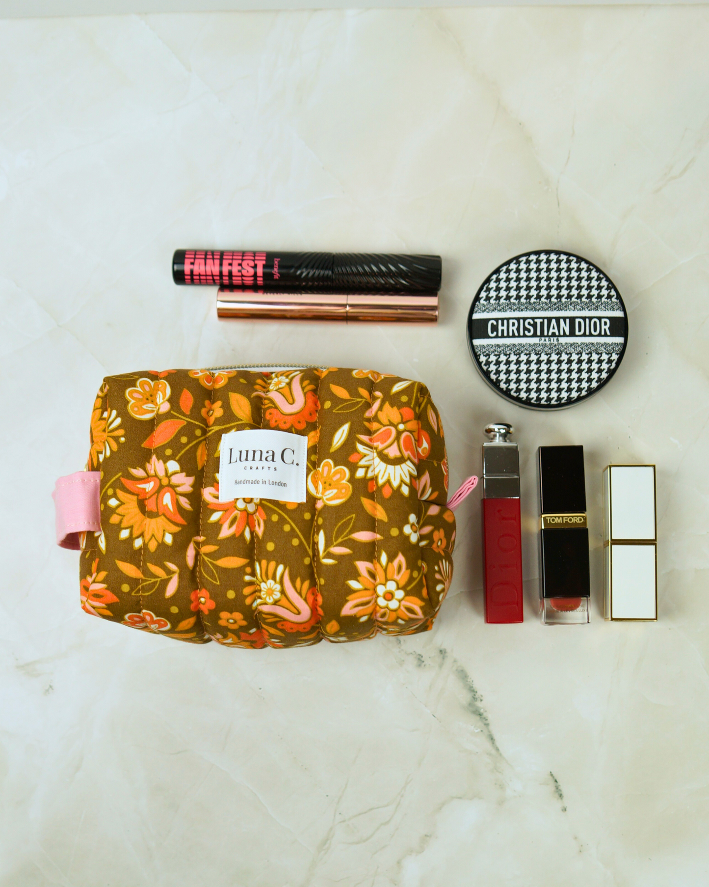 Peach Orange Floral Quilted Makeup Bag - Small Size
