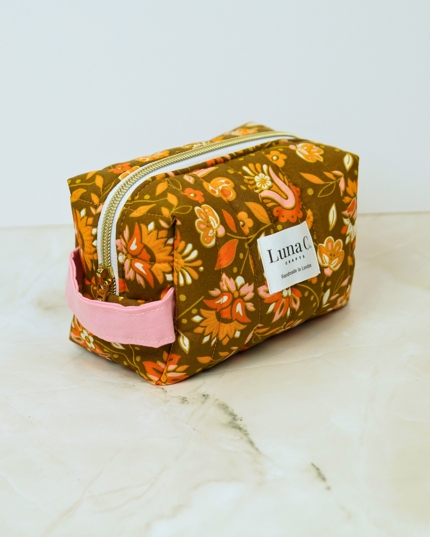 Peach Orange Floral Quilted Makeup Bag - Small Size