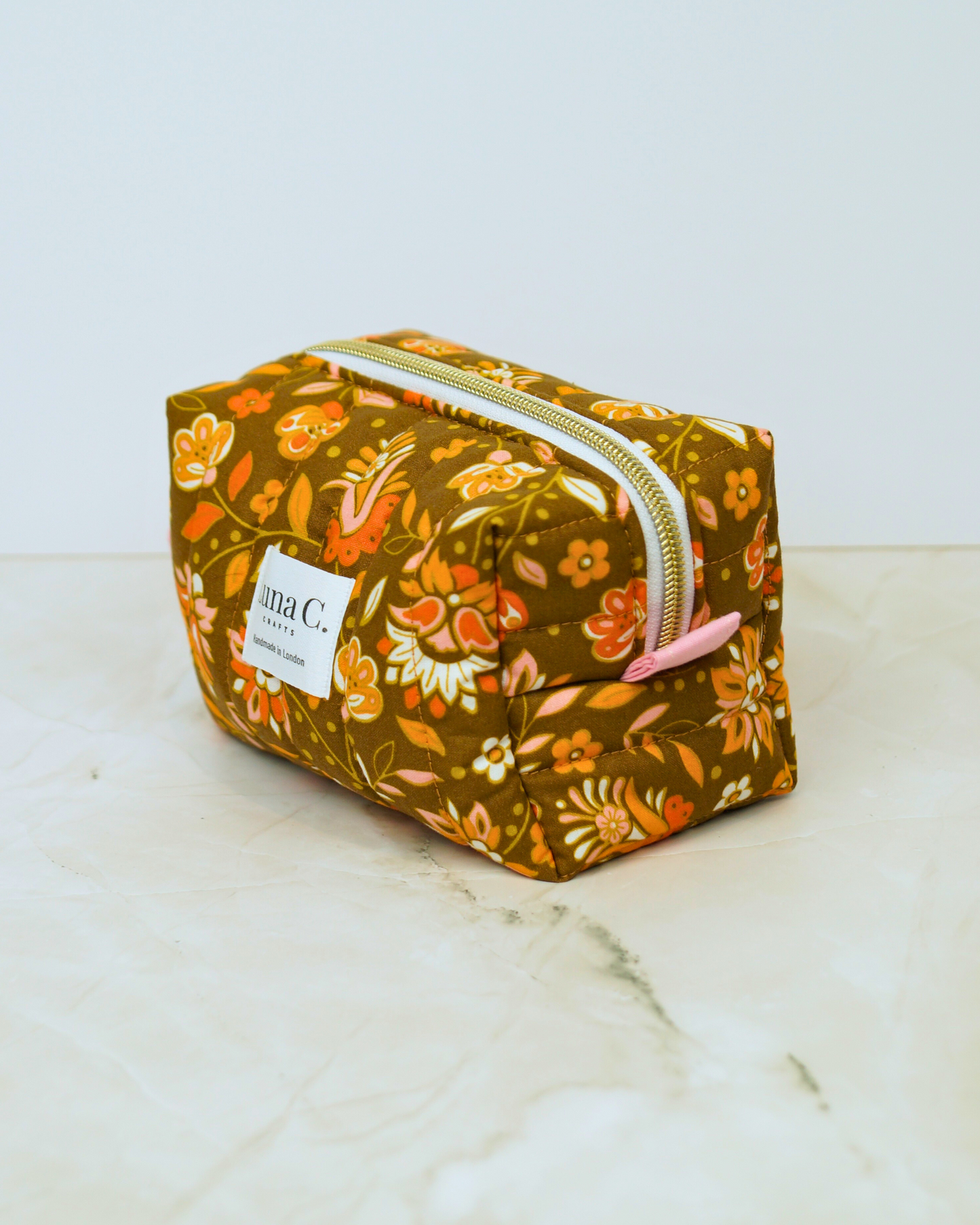 Peach Orange Floral Quilted Makeup Bag - Small Size