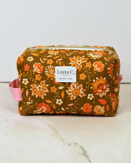 Peach Orange Floral Quilted Makeup Bag - Large Size