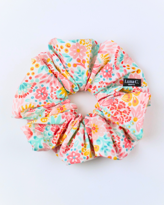 Pink with multi-colour Floral pattern Japanese Style Oversized Scrunchie