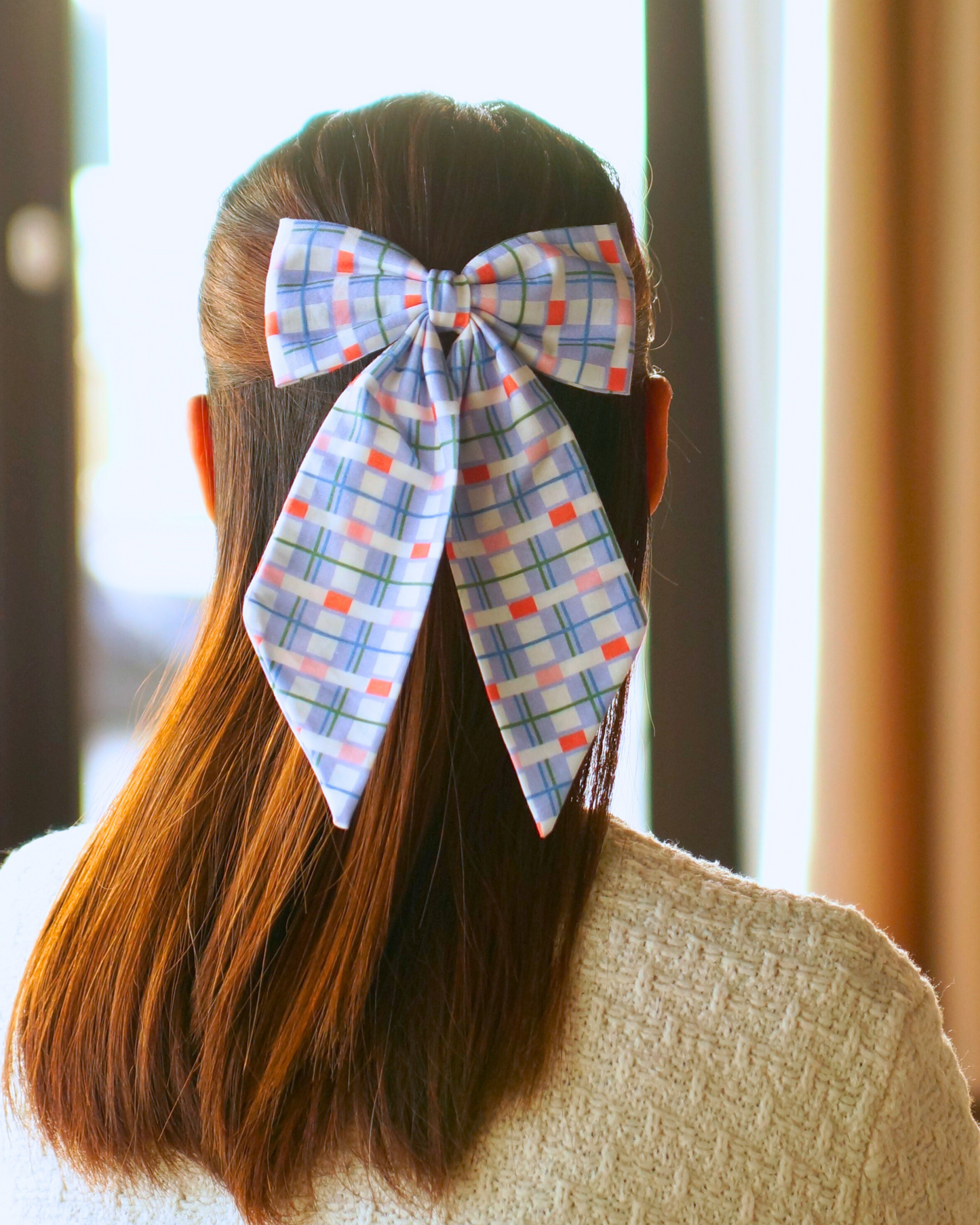 Light Blue with Orange Tile-like Plaid Pattern Swallow’s Tail Hair Bow Clip