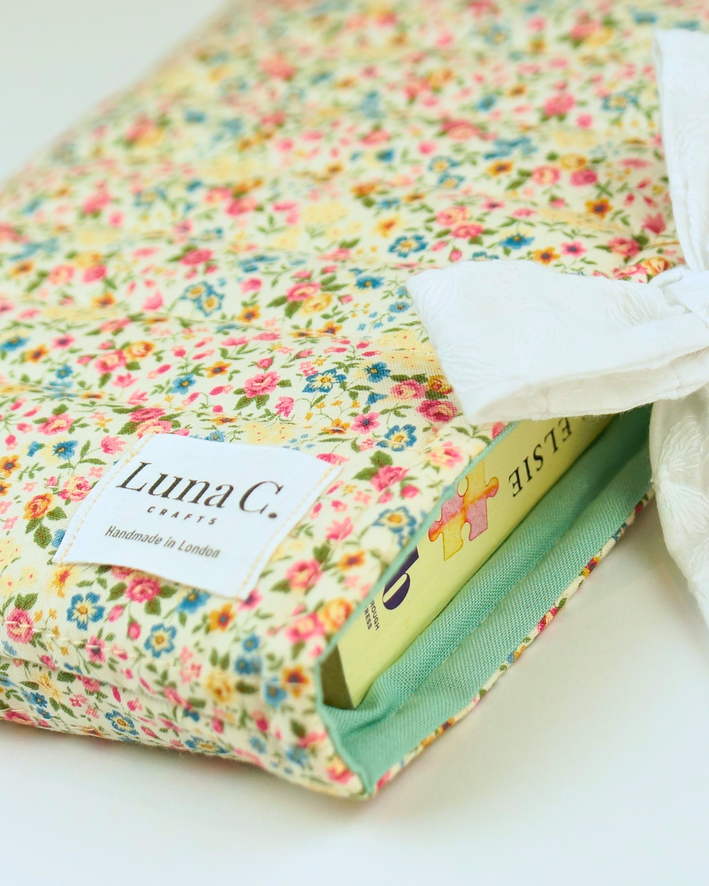 Cozy Florals on Cream Colour Book Sleeve with White Cotton Tie Closure