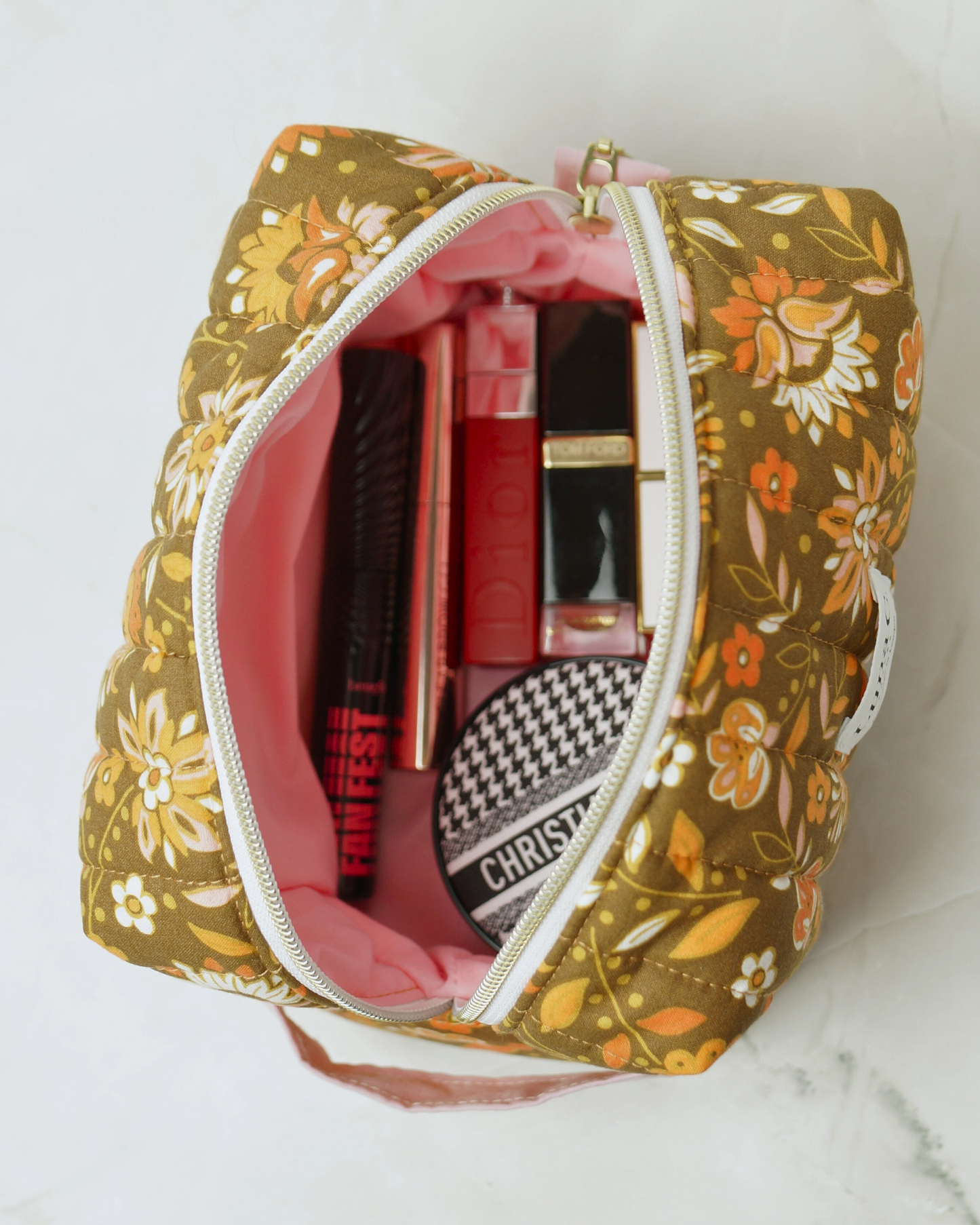 Peach Orange Floral Quilted Makeup Pouch - Regular Size