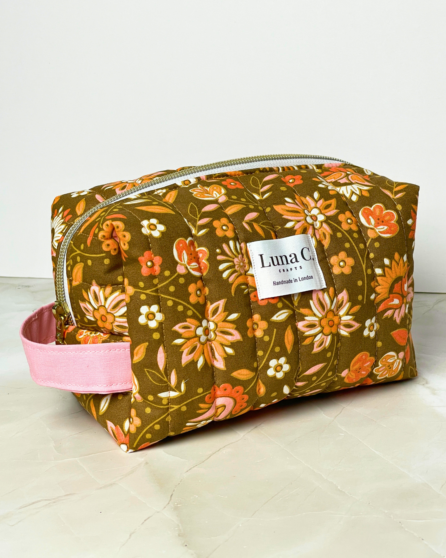 Peach Orange Floral Quilted Makeup Pouch - Regular Size