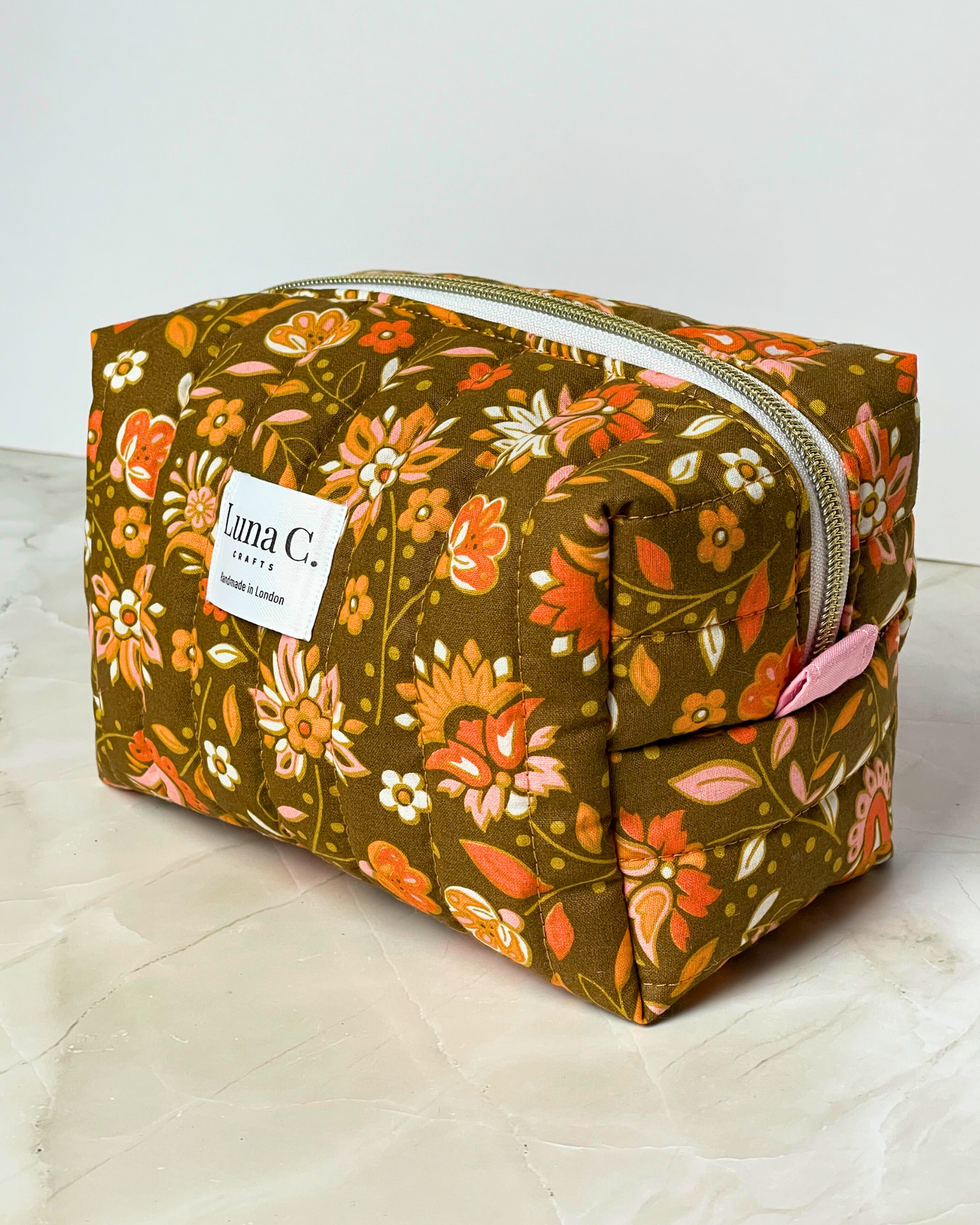 Peach Orange Floral Quilted Makeup Pouch - Regular Size