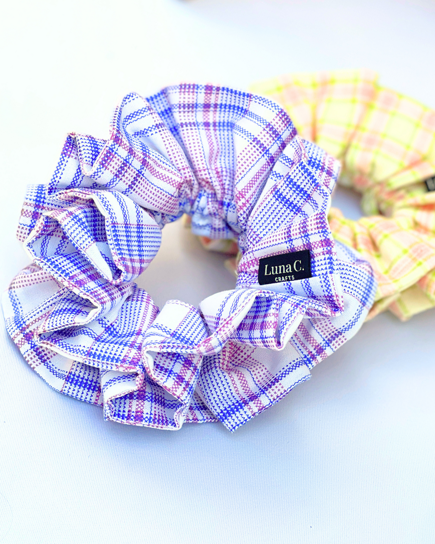 FLOWER by Luna C. in White with Purple and Blue Plaid Double Layer Scrunchie
