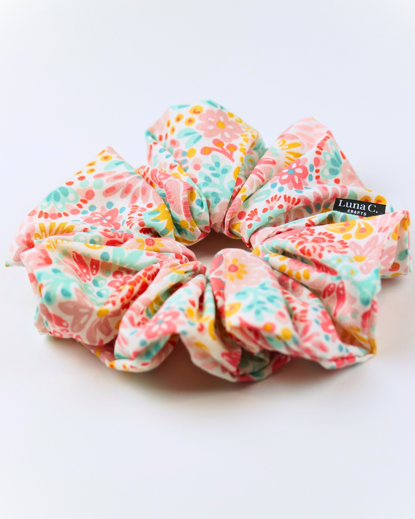 Pink with multi-colour Floral pattern Japanese Style Oversized Scrunchie