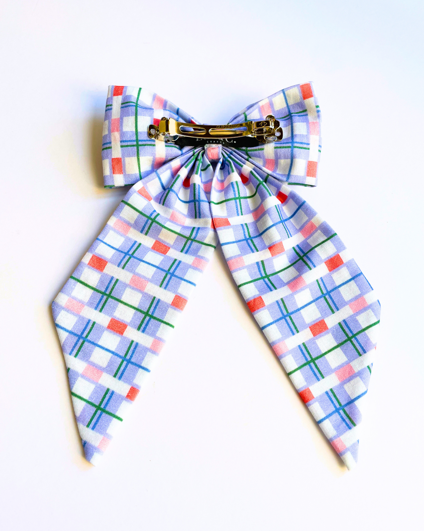 Light Blue with Orange Tile-like Plaid Pattern Swallow’s Tail Hair Bow Clip