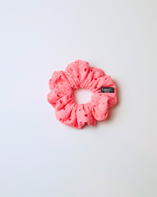 Watermelon Pink Cotton Broderie Anglaise Regular Size Scrunchie