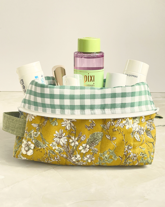 Mustard Yellow Wildflower Travel Makeup Bag - Premium Japanese Cotton