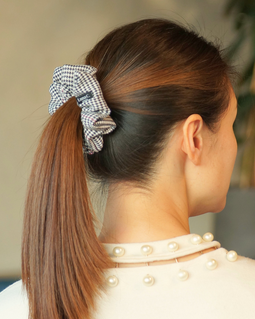 Black and White with Tiny Pink Stripe Houndstooth Regular Size Scrunchie