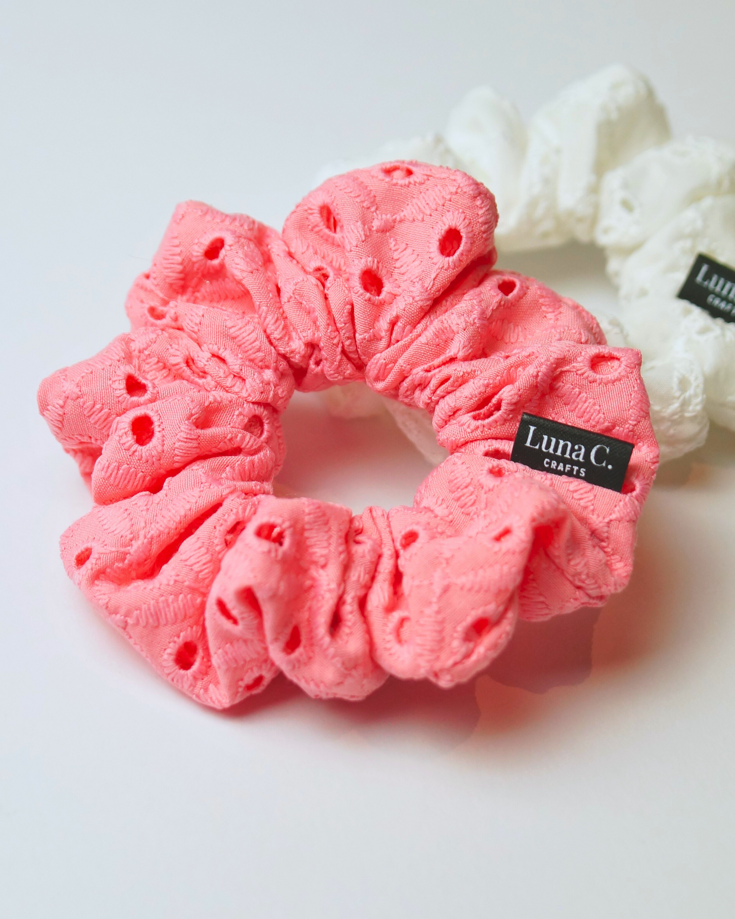 Watermelon Pink Cotton Broderie Anglaise Regular Size Scrunchie