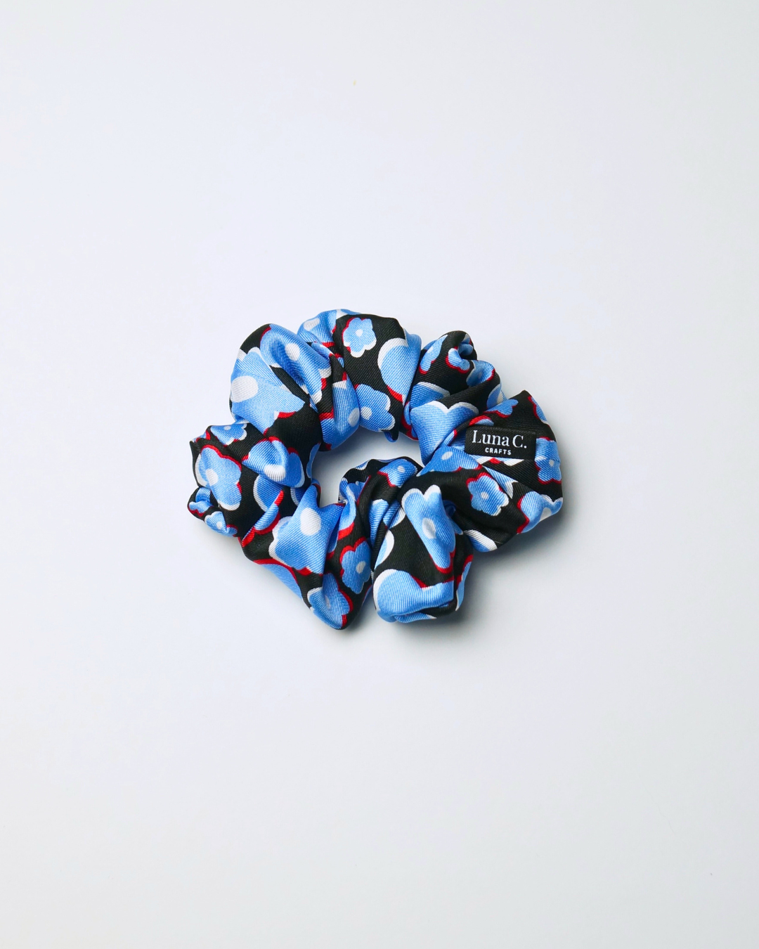 Multicolour Chrome Blue and Black Floral Satin Regular Size Scrunchie