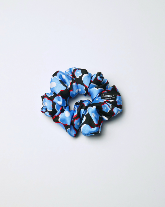 Multicolour Chrome Blue and Black Floral Satin Regular Size Scrunchie