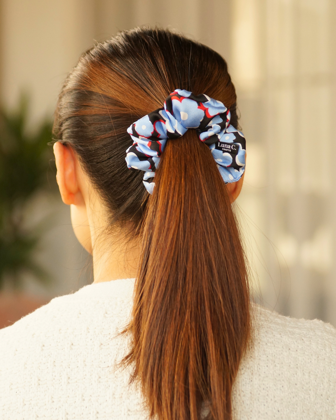 Multicolour Chrome Blue and Black Floral Satin Regular Size Scrunchie