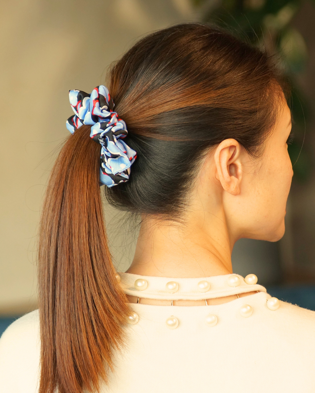 Multicolour Chrome Blue and Black Floral Satin Regular Size Scrunchie