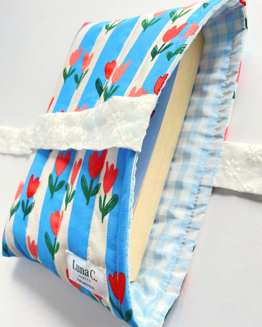 Blue Striped Book Sleeve with White Broderie Anglaise Ribbon Tie