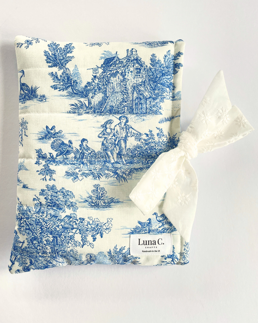 Blue Toile de Jouy Book Sleeve with White Broderie Anglaise Ribbon Tie