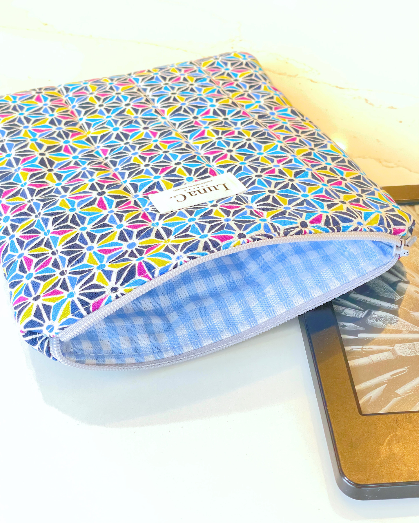 Blue and Purple Asanoha Light Blue Gingham Zippered  Kindle Sleeve
