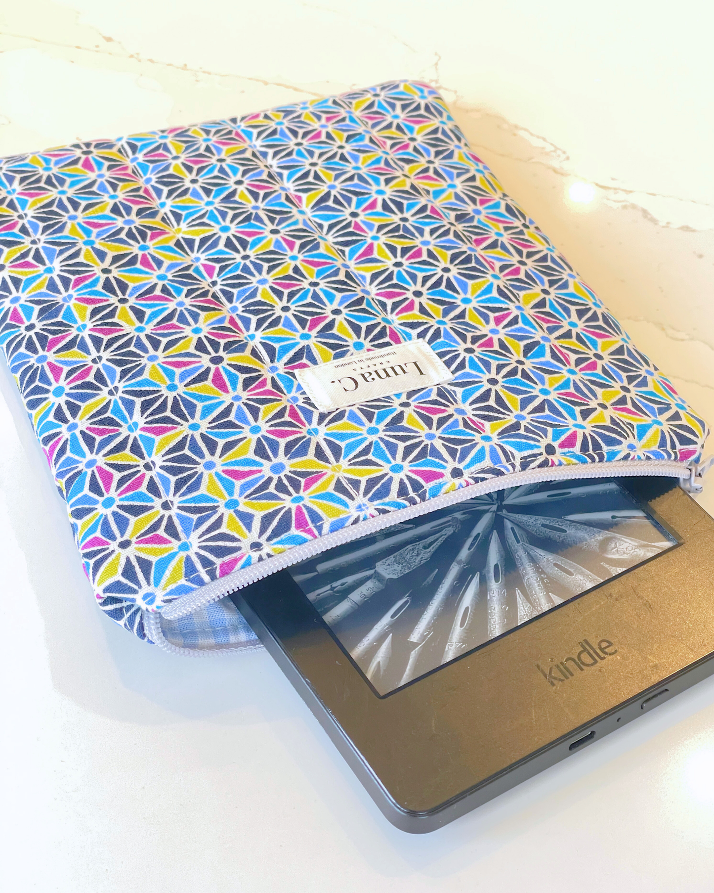 Blue and Purple Asanoha Light Blue Gingham Zippered  Kindle Sleeve