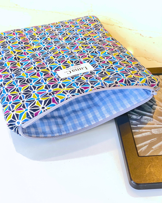 Blue and Purple Asanoha Light Blue Gingham Zippered Kindle Sleeve