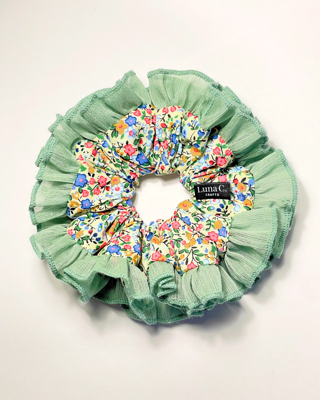 Creamy Yellow multicolored florals Green Single-Layer Ruffled Scrunchie