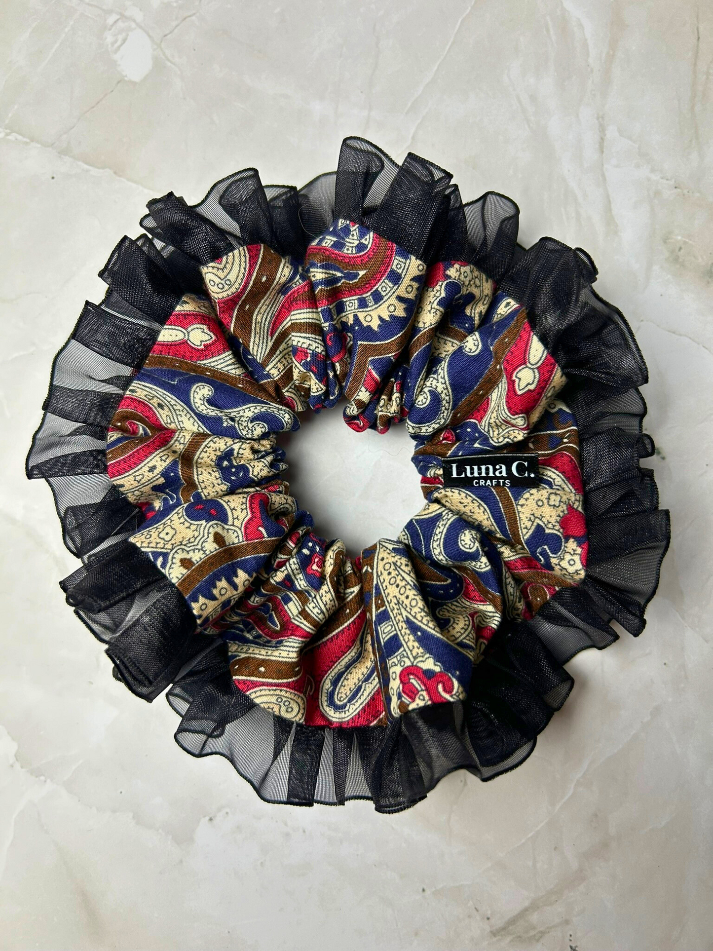 Navy Blue and Red Paisley Print Regular Size Scrunchie