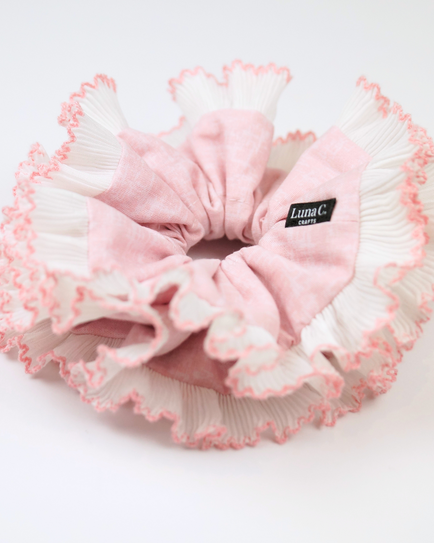 Luna C. FLOWER Bride-to-Be Edition Double-Layer White Ruffles in Cherry Blossom Pink Scrunchie