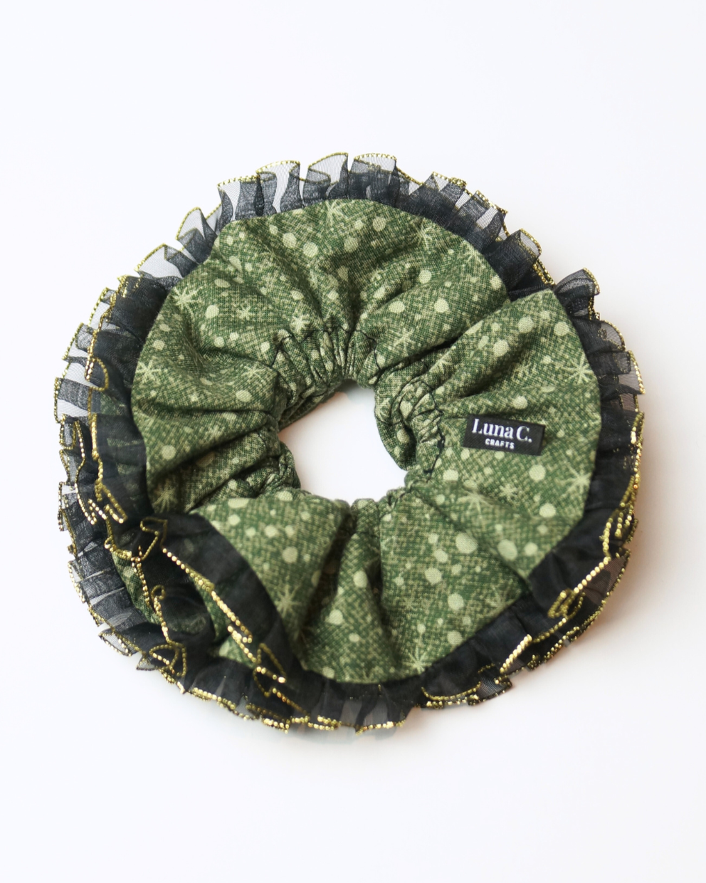 FLOWER by Luna C. Scrunchie in Mosaic Green with Black and Gold Double Ruffle