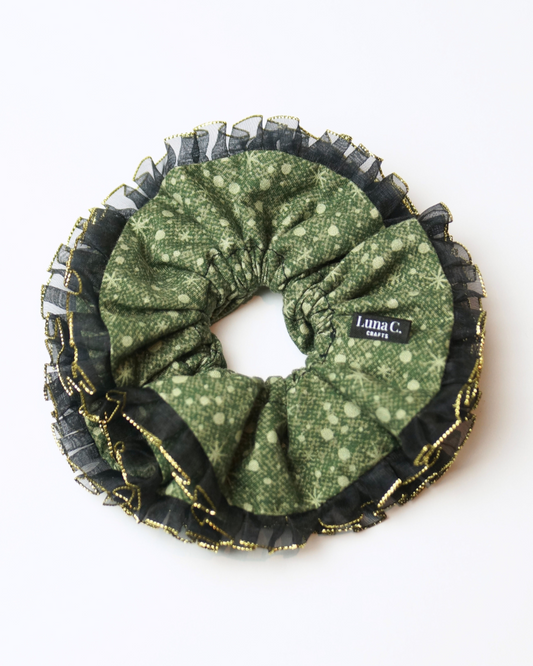 FLOWER by Luna C. Scrunchie in Mosaic Green with Black and Gold Double Ruffle