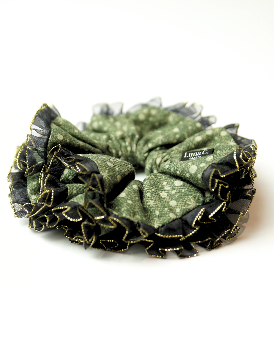 FLOWER by Luna C. Scrunchie in Mosaic Green with Black and Gold Double Ruffle